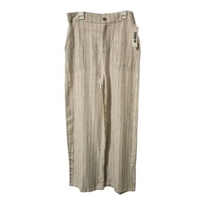 LOVE 83 Linen Blend Striped Wide Leg Pants L Beige Ivory Casual Relaxed Fit NWT